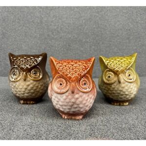 Set of 3 Ceramic Owl Figurines‎ Brown Orange Green Woodland Shelf Decor